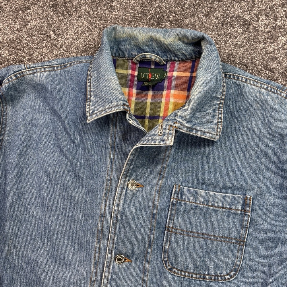 Vintage 90s J. Crew Chore Coat Jacket Mens XL Blue Denim Flannel Lined Oarsman - Picture 3 of 12
